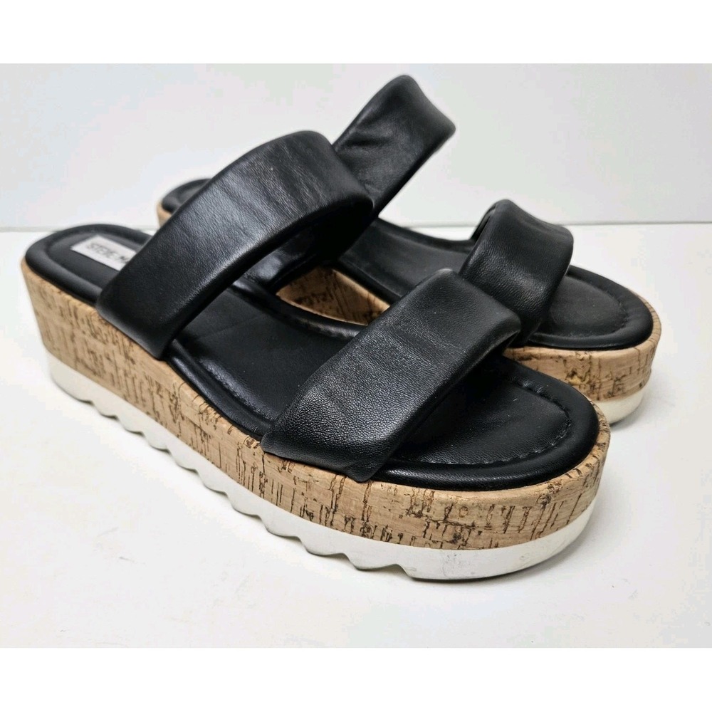 Steve Madden Defuse Platform Sandals 8.5 Womens Black Cork  Wedge Strappy Slide